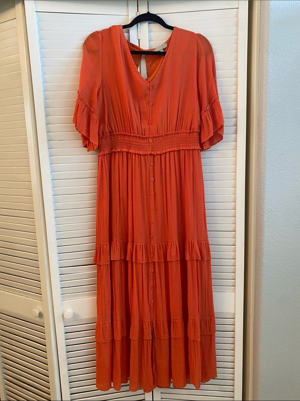 J. Crew Coral Button-Front Tiered Maxi Dress